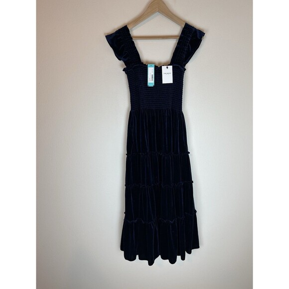 Stitch Fix M Blue Velvet Dress Midi Tiered Navy Smocked Holiday Christmas Event - Picture 1 of 4